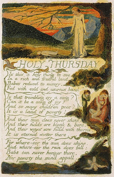 William Blake's 1794 "Holy Thursday".This image depicts copy F of the illustration currently held by the Yale Center for British Art. Songs of Innocence and of Experience, copy F, object 38 "HOLY THURSDAY".jpg