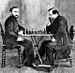 Gravure représentant Zukertort et Steinitz, championnat du monde d'échecs 1886, New Orleans, États-Unis