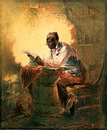 1863 painting of a man reading the Emancipation Proclamation. Stephens-reading-proclamation-1863.jpeg