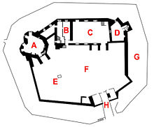 Plan of Stokesay Castle--A: south tower; B: solar block; C: hall; D: north tower; E: well; F: courtyard; G: moat; H: gatehouse Stokesay Castle Plan.jpg