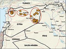 Map of the first round of U.S. and coalition strikes in Syria Strikes in Syria and Iraq 2014-09-23.jpg