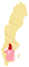 Tingsrettens retskreds (rødt) samt denne hofret den falder under (lysrosa).