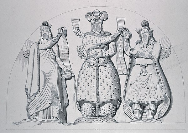 Mid-19th century drawing of rock reliefs at Taq-e Bostan, showing Boran's father Khosrow II, flanked by the goddess Anahita and the supreme deity Ahur