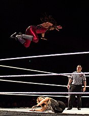 Tamina performing a Superfly Splash on Kaitlyn (diving splash) Tamina Superfly Splash.jpg