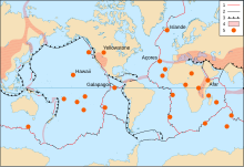 Les dorsales océaniques sont représentées par une ligne rouge.