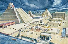 The city was the place of Mexico-Tenochtitlan, the Aztec capital. Templo Mayor in Mexico-Tenochtitlan 16th century (illustration 1900).jpg