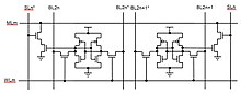 CMOS Ternary CAM cell consisting of two 6T SRAM cells plus 4 comparison transistors. Normally opposite logic levels, either '0' and '1' or '1' and '0' will be stored in the two cells. For a don't care condition '0' will be stored in both cells so that the match line ML will not be pulled low for any combination of search line (SL) data. Ternary CAM cell schematic.jpg