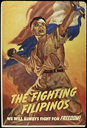 A pro-Allied World War II propaganda poster showing a Philippine soldier holding the national flag with the red field flown upwards The Fighting Filipinos - NARA - 534127.jpg