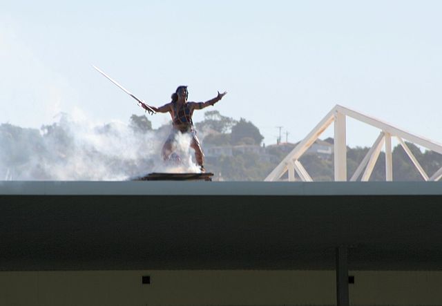 The Highlander mascot performing before a match at Carisbrook stadium in 2007