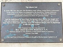 The plaque at the foot of the Virginian oak tree The Liberty Oak Plaque, Fort Royal Park, Worcester, England - DSCF0665.JPG