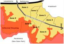 A diagram showing the sections of Thembalethu and the connecting informal settlements. Thembalethu Zones.png