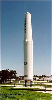 Thor T-150 (USAF serial 58-2261) at the National Museum of the United States Air Force. This missile was once based at RAF Carnaby. Thor-PGM-17.jpg