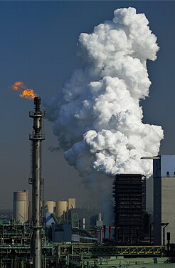 Gas flare and coke plant of Thyssen-Krupp-Stahl, view from Alsumer Berg slagheap, Duisburg, Germany