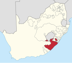 Localização do Transkei (vermelho) na África do Sul (amarelo).