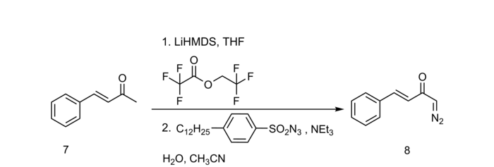 Schema Trifluoroacetylierung mit anschließendem Diazotransfer auf eine α-Ketoverbindung