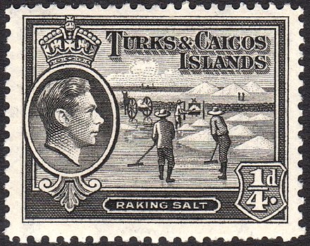 Raking salt on a 1938 postage stamp of the islands