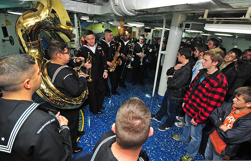 File:U.S. Sailors with the U.S. Naval Forces Europe Band perform for music students in Burgas, Bulgaria, aboard the U.S. 6th Fleet command ship USS Mount Whitney (LCC 20) during a port visit Nov. 6, 2013 131106-N-PE825-085.jpg