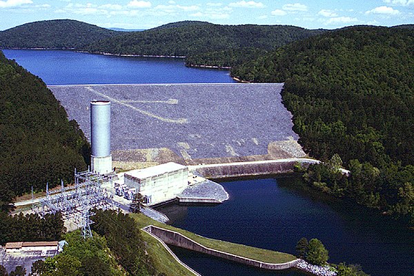 Blakely Mountain Dam on the Ouachita River in Garland County, Arkansas. The dam impounds Lake Ouachita.