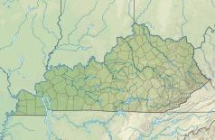 Mapa konturowa Kentucky, blisko centrum na dole znajduje się punkt z opisem „Park Narodowy Jaskini Mamuciej”
