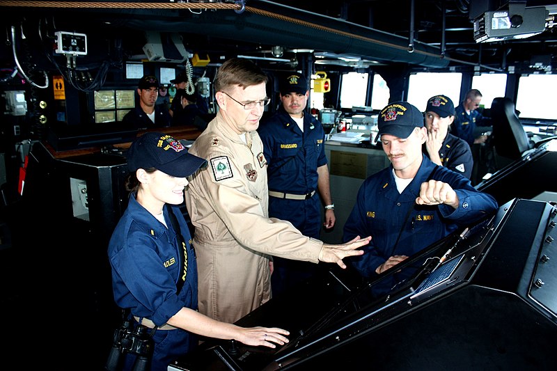 File:US Navy 091207-N-9737A-002 Air Force Major Gen. Stephen L. Hoog discusses the use of surface RADAR in tactical navigation with Ensign Caroline Adler and Ensign Travis King.jpg