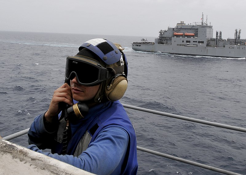 File:US Navy 100814-N-1226D-255 Seaman Yoann Mironenko stands phone talker watch aboard the amphibious assault ship USS Peleliu(LHA 5) during a vertical replenishment.jpg