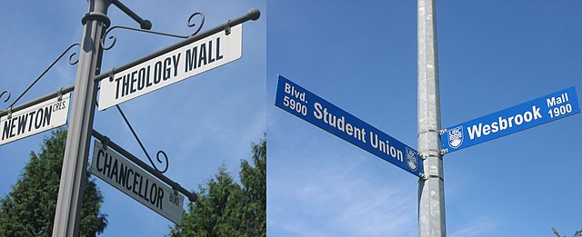Street signs are commonly used to identify UBC's boundaries within the UEL. To the left is a regular UEL street sign, and to the right is UBC's street