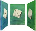 The same ‘chameleon-painting’ ‘Magic Dice’ - shown from the left, front and right, sand and paint, 2007, 40 x 30 cm