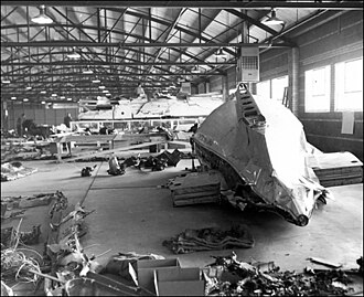 The wreckage of United Flight 629 was carefully laid out in a Denver warehouse after its bombing. UnitedFlight629PlanePartsViaFBI.jpg