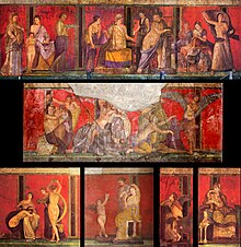 Frescoes from the Villa of the Mysteries in Pompeii, Italy, Roman artwork dated to the mid-1st century BC Villa of the Mysteries (Pompeii) - frescos 02.jpg
