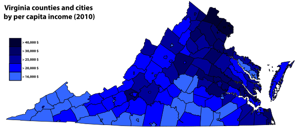 Virginia counties and cities by per capita income (2010).