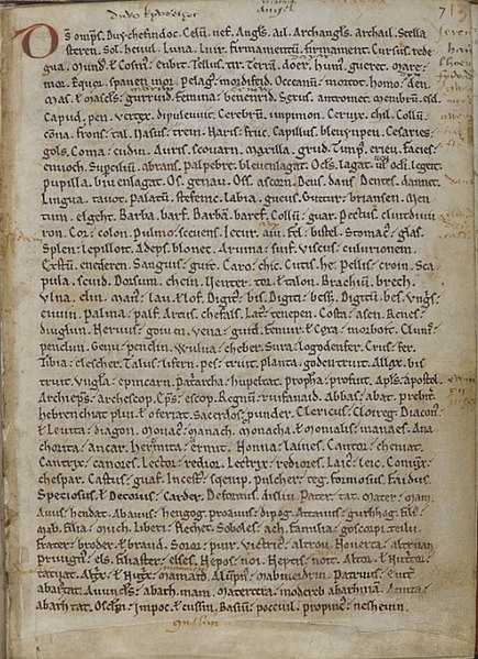 The first page of Vocabularium Cornicum, a 12th-century Latin-Cornish glossary