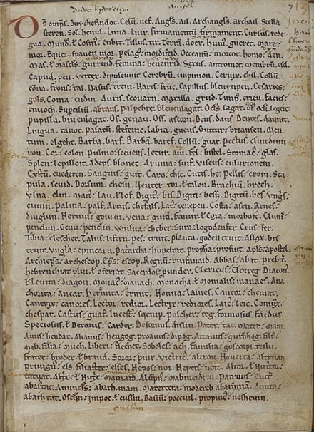 The first page of Vocabularium Cornicum, a 12th-century Latin-Cornish glossary