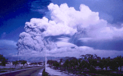 Pinatubo eruption cloud. This volcano released huge quantities of stratospheric sulfur aerosols and contributed greatly to understanding of the subject. VulcanoPinatuboJune1991.gif