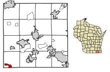 Walworth County Wisconsin beépített és be nem épített területek Sharon Highlighted.svg