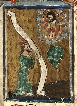 Rudolf z Emsu předkládá své dílo Bohu, český rukopis, Praha, 3. čtvrtina 14. století