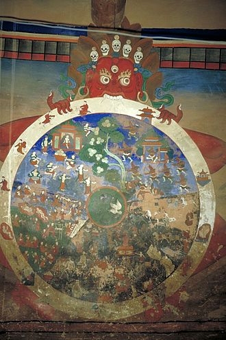 A thangka on the wall of Bardan representing the wheel of life Wheel of life col.jpg