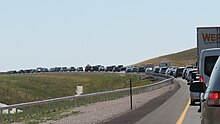 Post-eclipse traffic in Wyoming after the solar eclipse of August 21, 2017. Traffic planners learned from the 2017 eclipse, and efforts based on this experience might have helped ease congestion in some areas while others experienced severe and prolonged traffic jams. Wyoming eclipse traffic - 1.jpg
