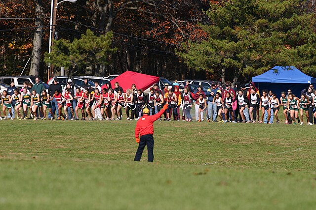 The start of a typical cross country race, as an official fires a gun to signal the start