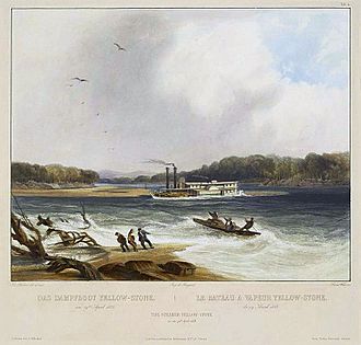 Painting of the steamboat Yellowstone, one of the earliest commercial vessels to run on the river, circa 1833. The dangerous currents in the river caused the ship to run aground on a sandbar in this illustration. Yellowstone (steamboat) aground.jpg