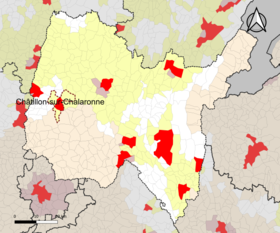 Placering af attraktionsområdet Châtillon-sur-Chalaronne i departementet Ain.