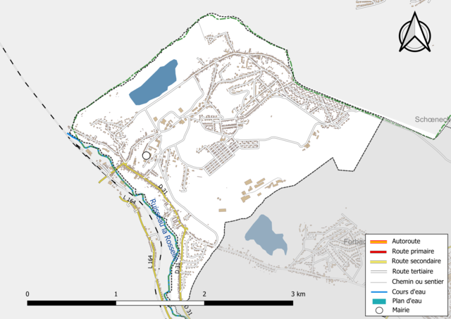 Carte en couleur présentant le réseau hydrographique de la commune