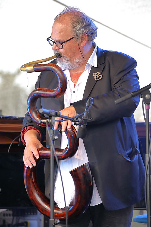 Michel Godard performs on a serpent in the Adrabesa Quartet, 2020