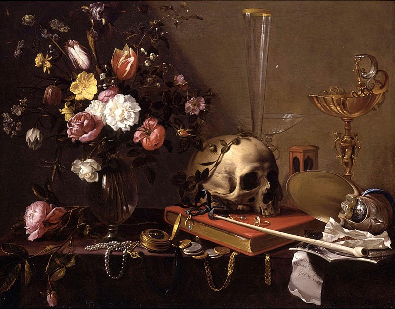 File:Adriaen van Utrecht - Vanitas Still-Life with a Bouquet and a Skull