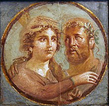 Heracles and Omphale, Roman fresco Pompeian Fourth Style (45-79 AD), Naples National Archaeological Museum, Italy Affresco romano - eracle ed onfale - area vesuviana.JPG