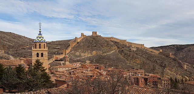 Albarracín, tower of the Albarracín Cathedral and Northern walls (with Torre del Andador on top)