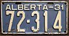 Alberta 1931 kentekenplaat - Nummer 72-314.jpg