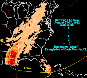 Um mapa dos Estados Unidos mostrando vários totais de chuva por código de cores