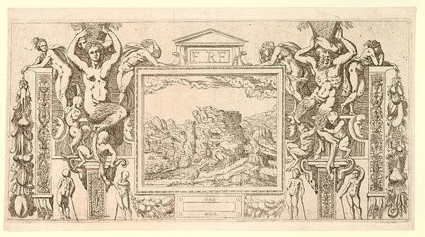 Etching by Antonio Fantuzzi, copying a drawing for this stucco and paint surround at the Palace of Fontainebleau