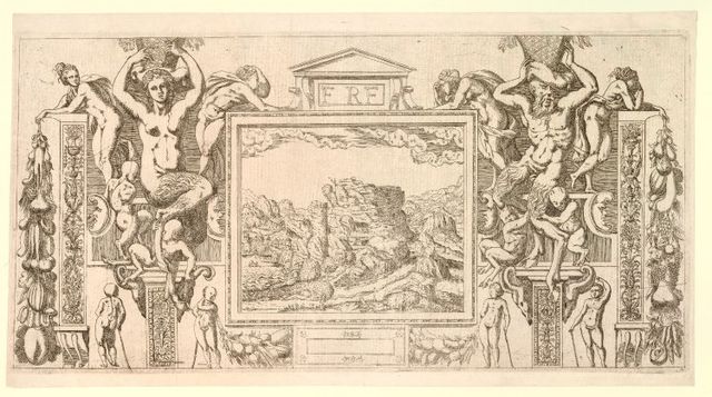 Etching by Antonio Fantuzzi, copying a drawing for this stucco and paint surround at the Palace of Fontainebleau
