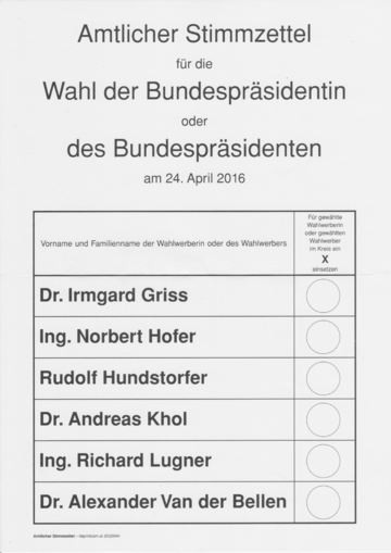 Official ballot paper for the first round of voting Ballot paper - Austrian presidential election 2016 (first ballot).png